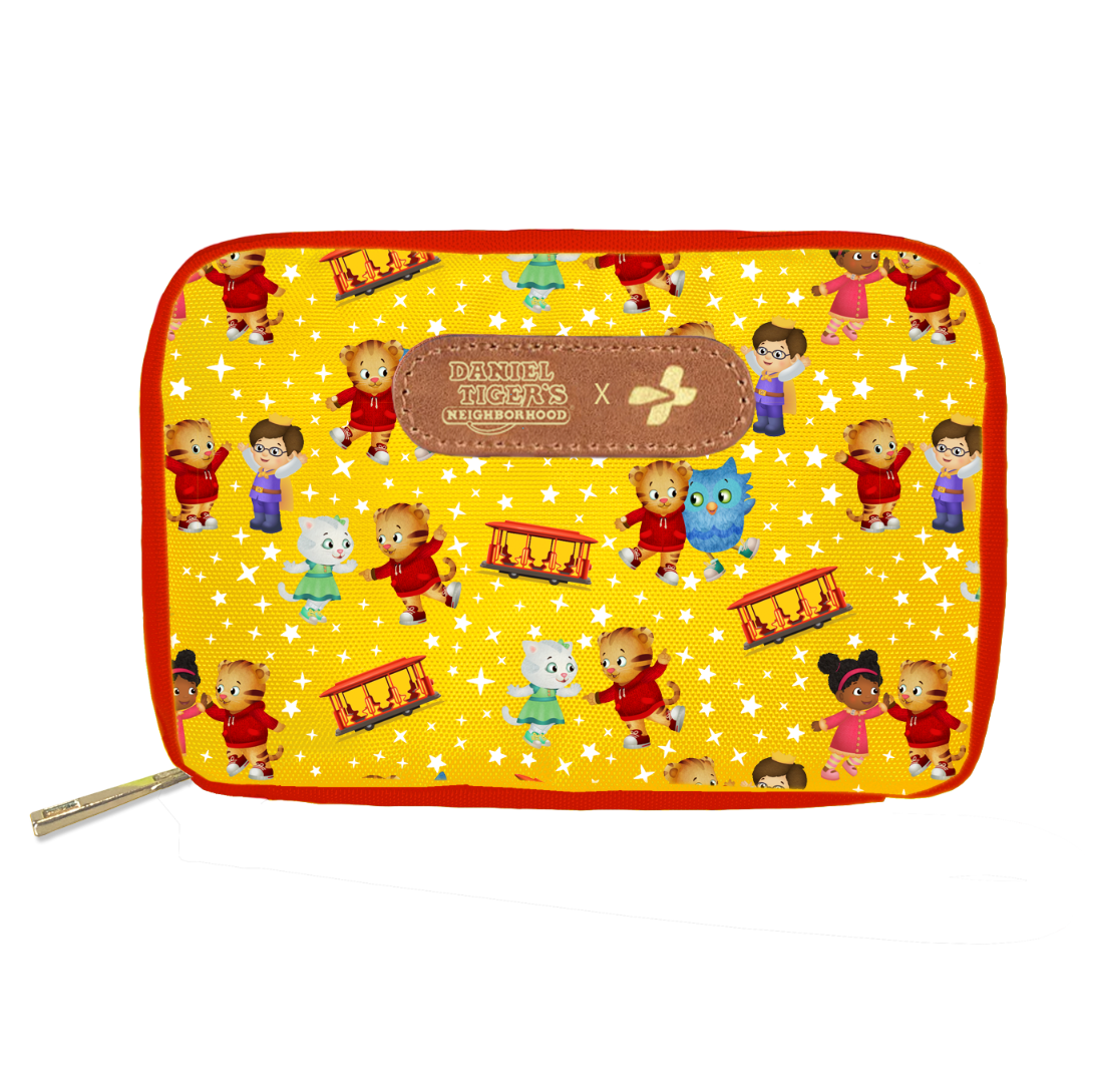 Yellow pouch with Daniel Tiger cartoon character pattern on a yellow and stars background