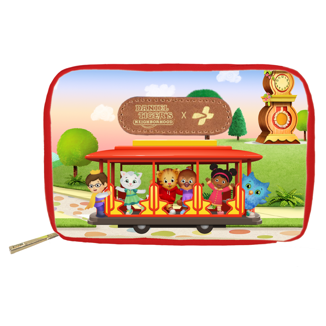 Pouch with Daniel Tiger cartoon characters riding Trolley and a clock design on a white background