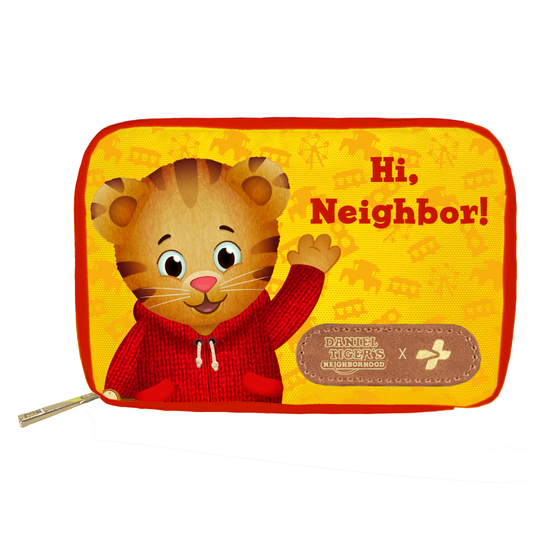 Children's pouch with Daniel Tiger cartoon character and 'Hi, Neighbor!' text on a yellow background