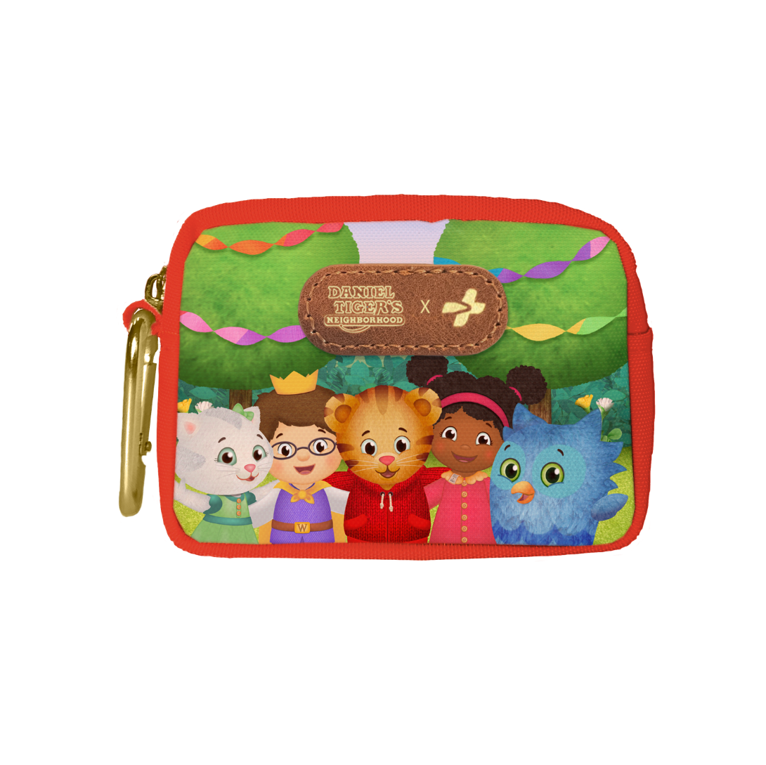 Colorful pouch with Daniel Tiger and his friends hugging characters from 'Daniel Tiger's Neighborhood' on a white background