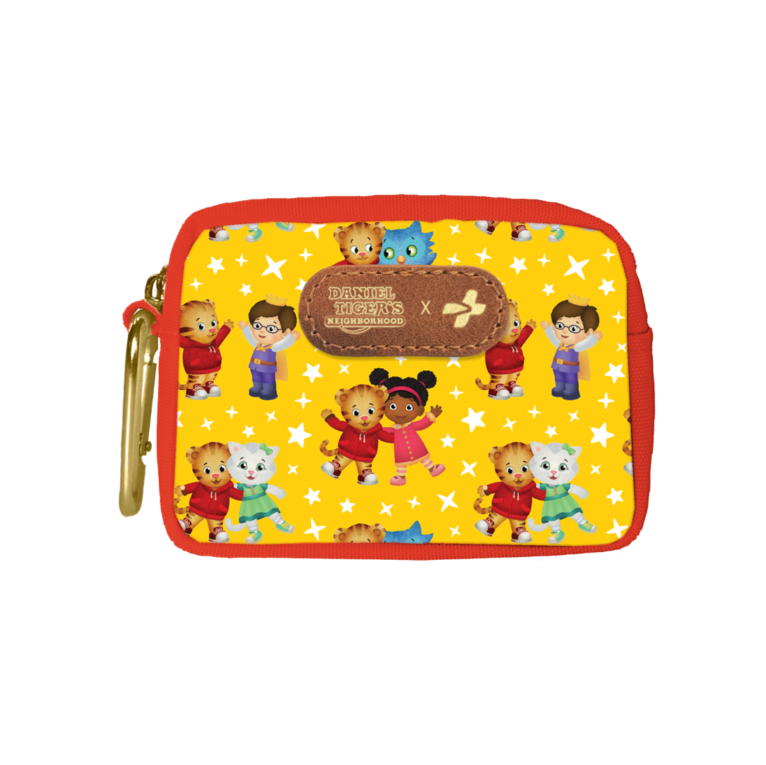 Small pouch with Daniel Tiger and his friends characters on a yellow background